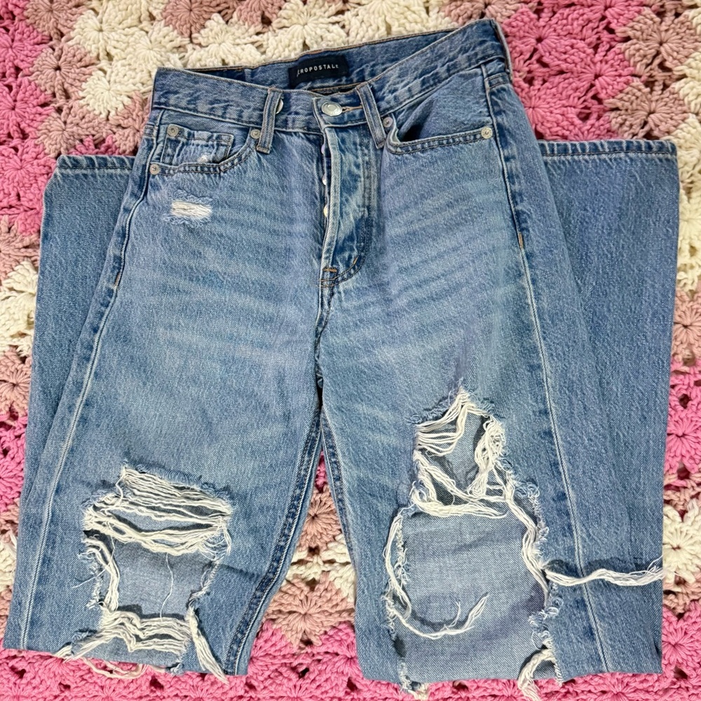 Aeropostale Light Blue Ripped Straight-Leg Jeans